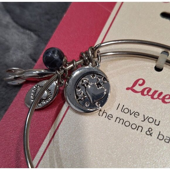 NWT Footnotes Too Stainless Steel Bangle Bracelet With Charms "I Love You To The - Picture 3 of 5